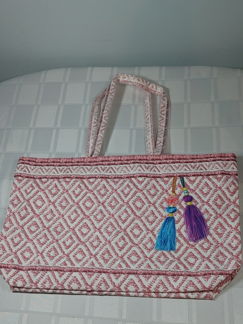 Estee Lauder Pink Patterned Tote Bag with Colorful Tassel Art
